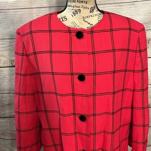 Vintage Jaeger Blazer Red Plaid Size 14 Linen Blend Great Britain Window Pane - Picture 2 of 12